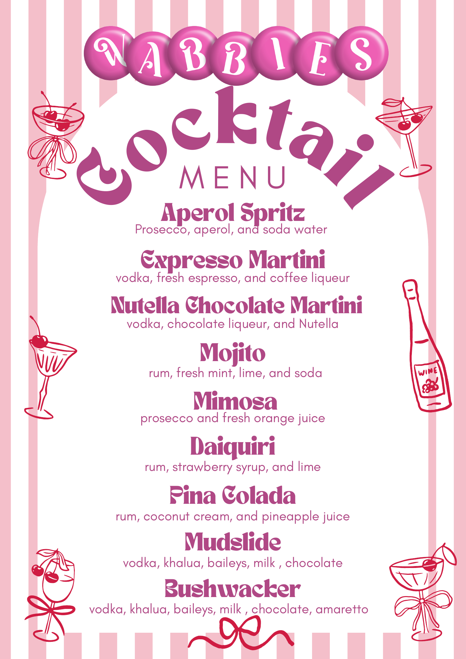 Wabbles cocktail menu with Aperol Spritz, Espresso Martini, Mojito, Mimosa, Daiquiri, Piña Colada, Mudslide, and Bushwacker