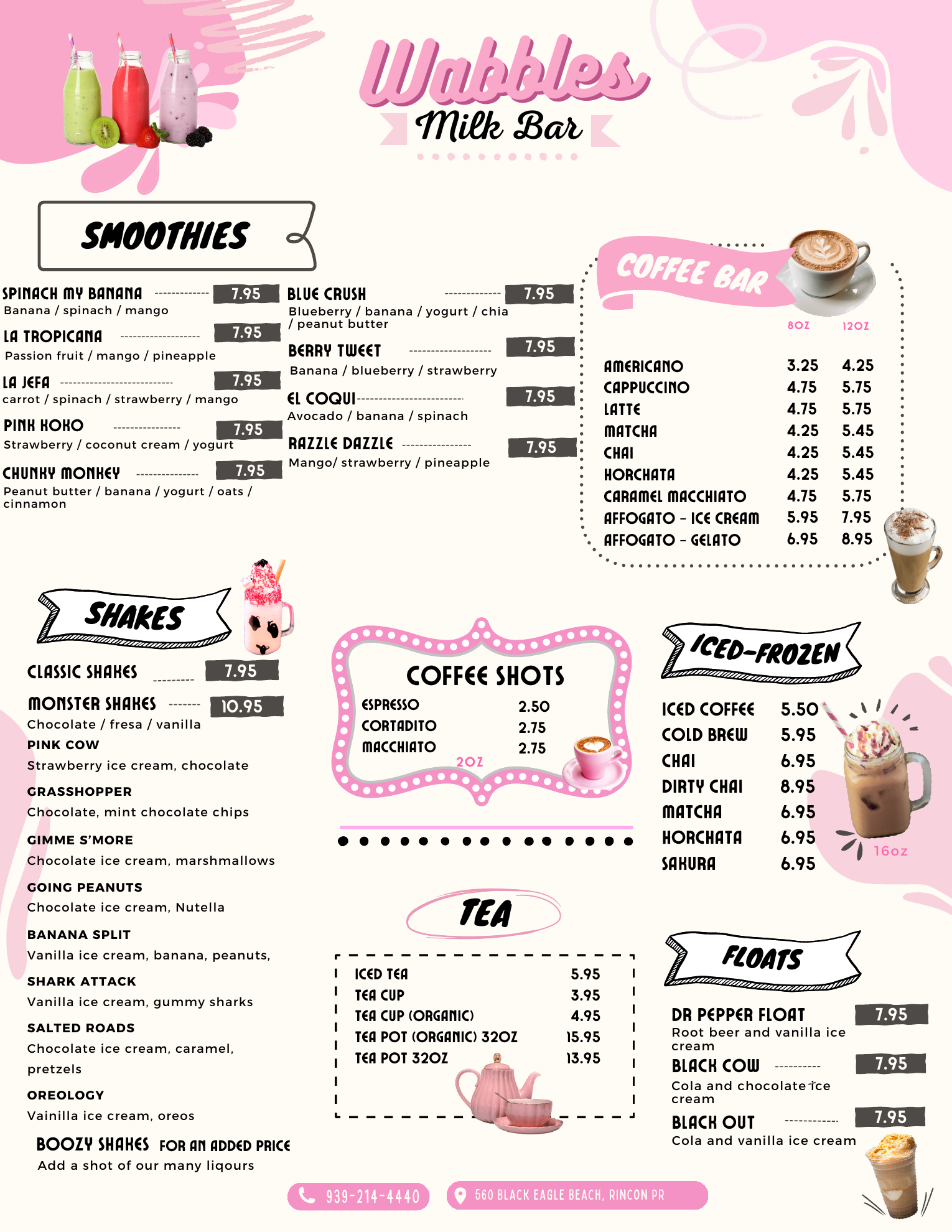 Wabbles drink menu with smoothies, shakes, coffee, iced drinks, tea, and floats