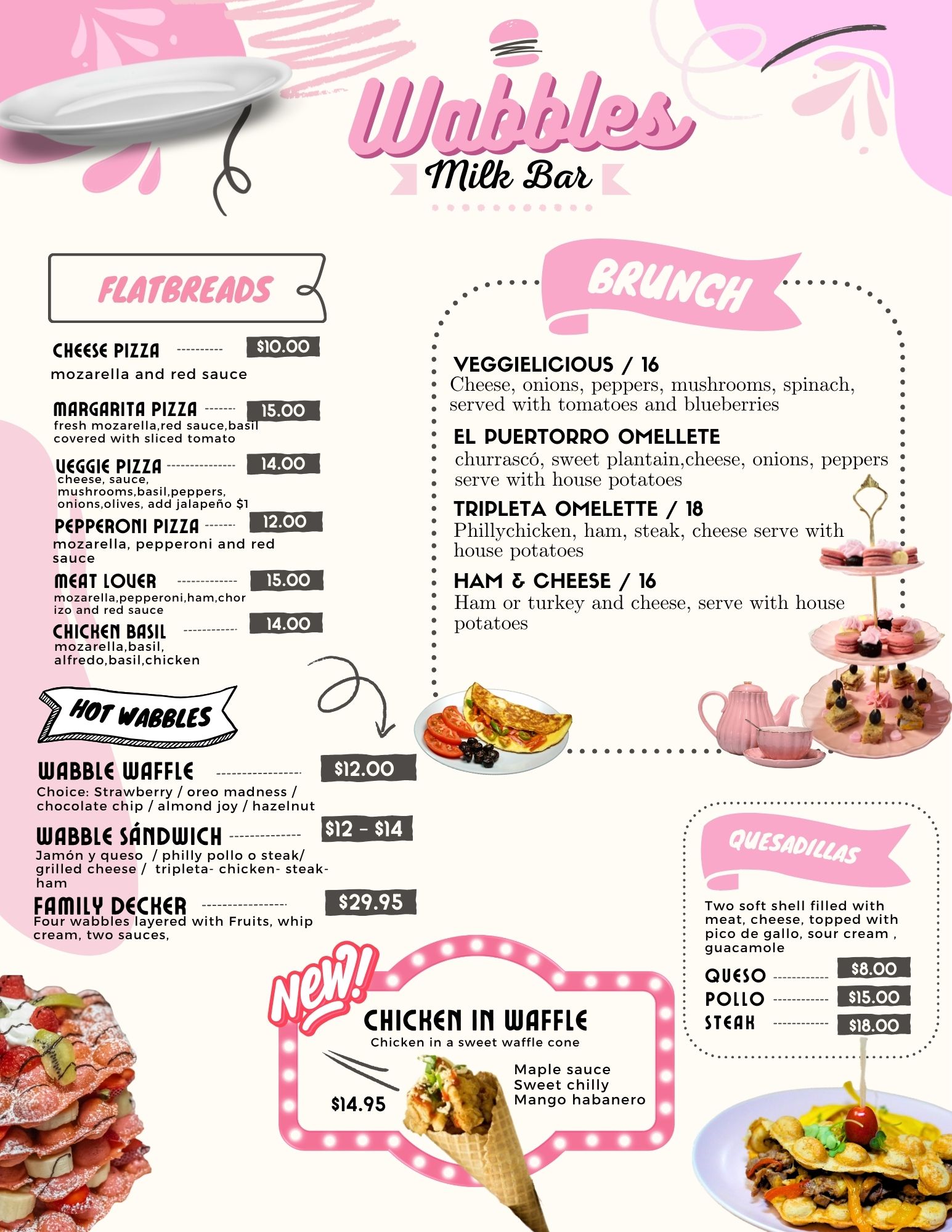 Wabbles food menu with flatbreads, brunch, waffles, quesadillas, and chicken in a waffle